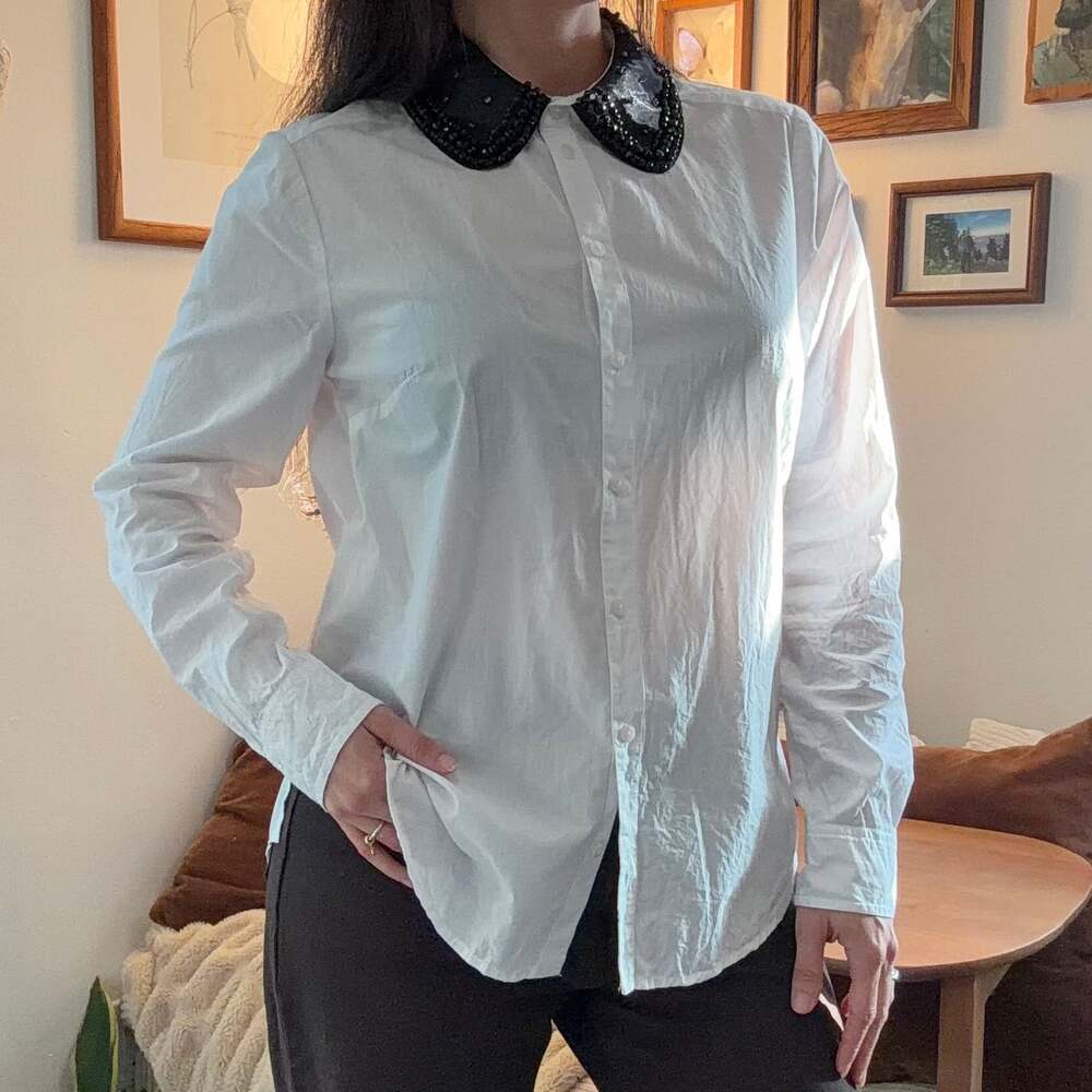 Maeve Anthropologie Beaded Peter Pan Collar Shirt White Button Down Blouse Small